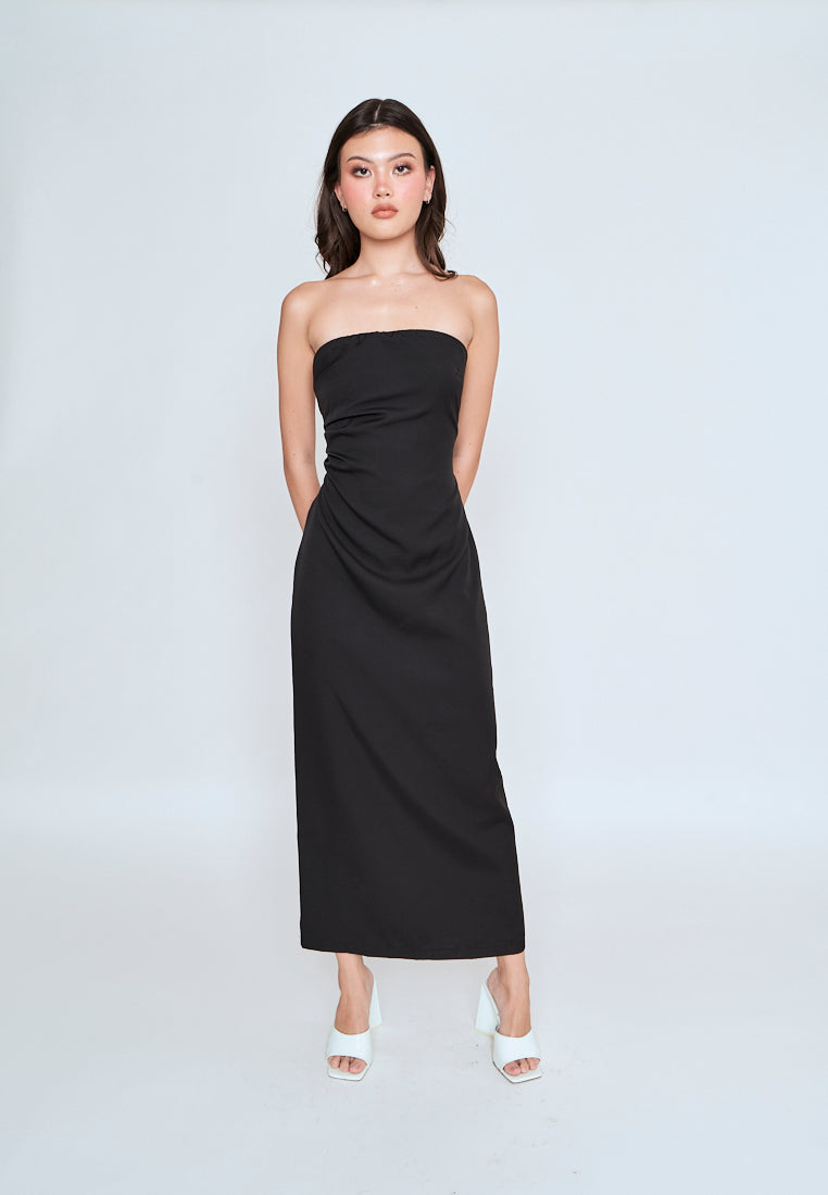 Liora Black Ruched Sides Back Slit Tube Midi Dress