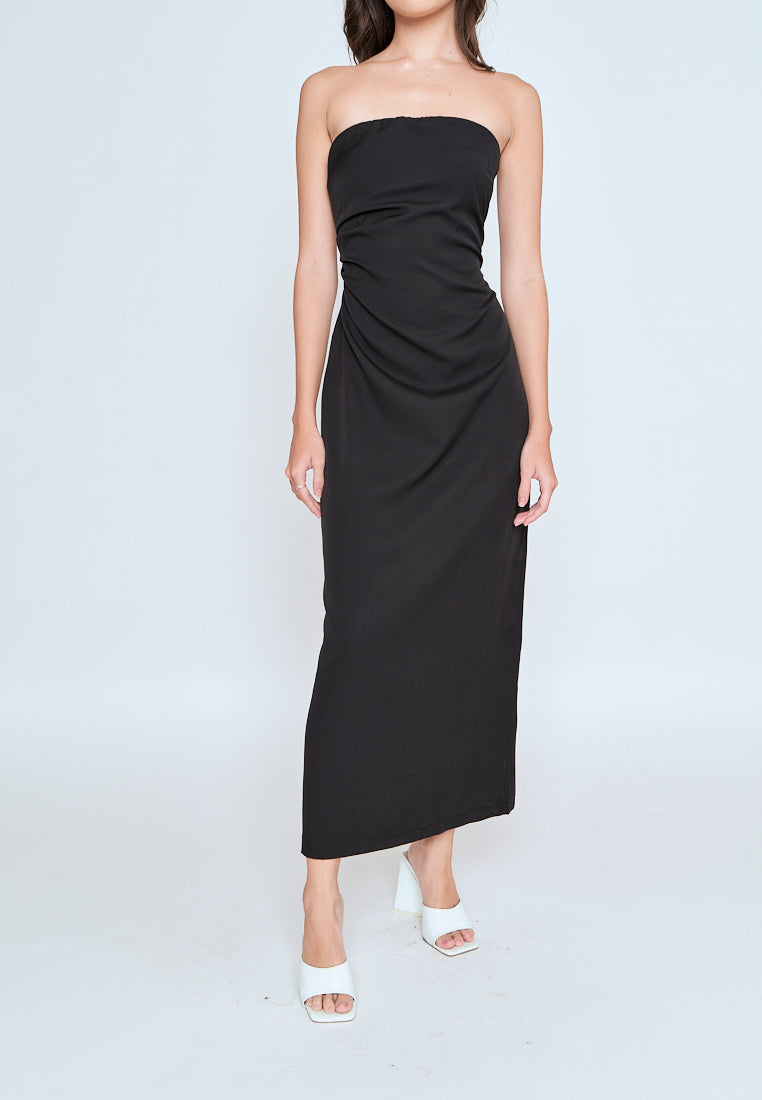 Liora Black Ruched Sides Back Slit Tube Midi Dress