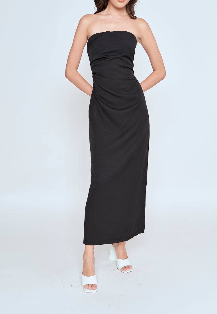 Liora Black Ruched Sides Back Slit Tube Midi Dress