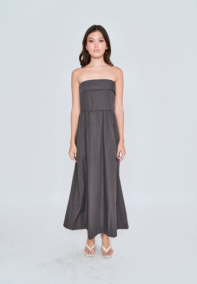 Liesl Dark Grey Folded Neckline Pleated Tube Midi Dress