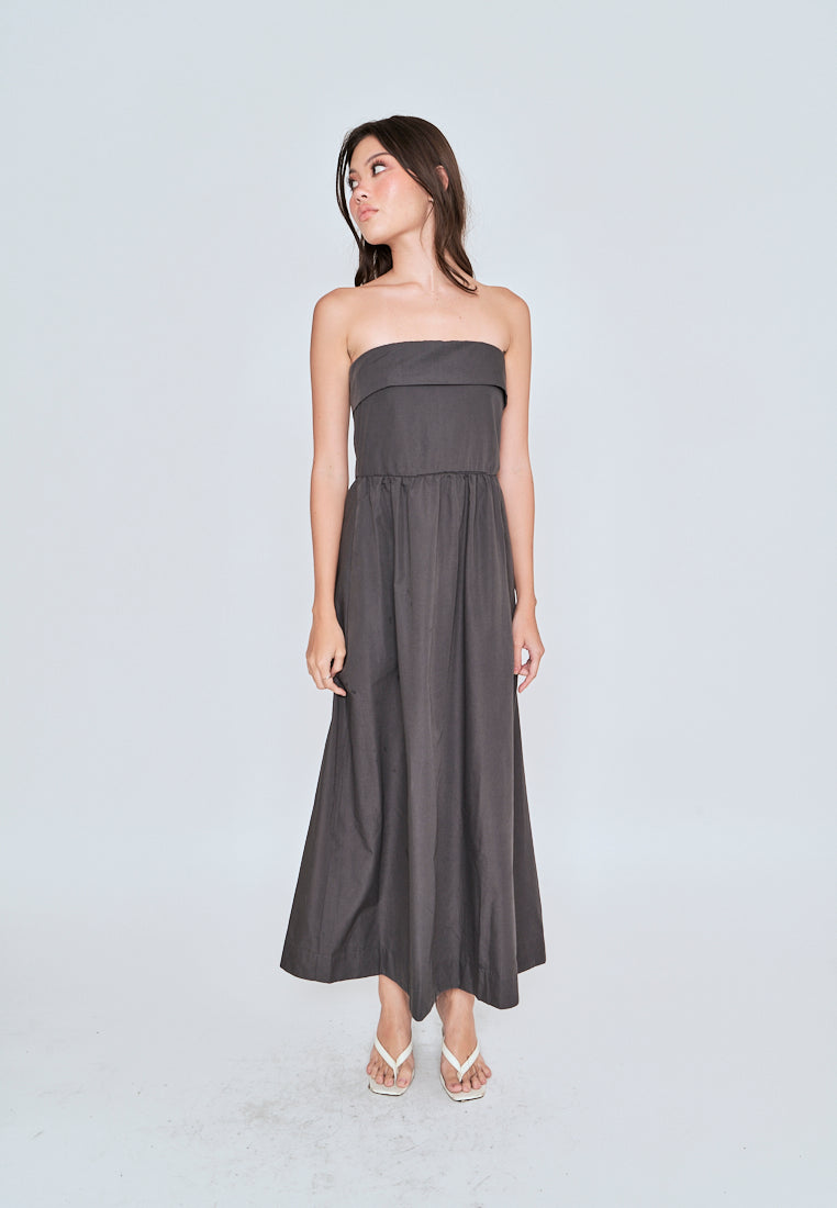 Liesl Dark Grey Folded Neckline Pleated Tube Midi Dress