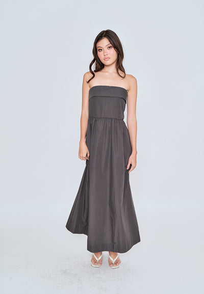 Liesl Dark Grey Folded Neckline Pleated Tube Midi Dress