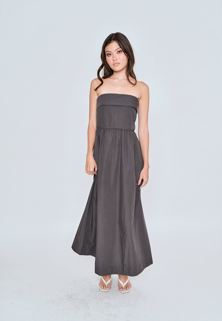 Liesl Dark Grey Folded Neckline Pleated Tube Midi Dress