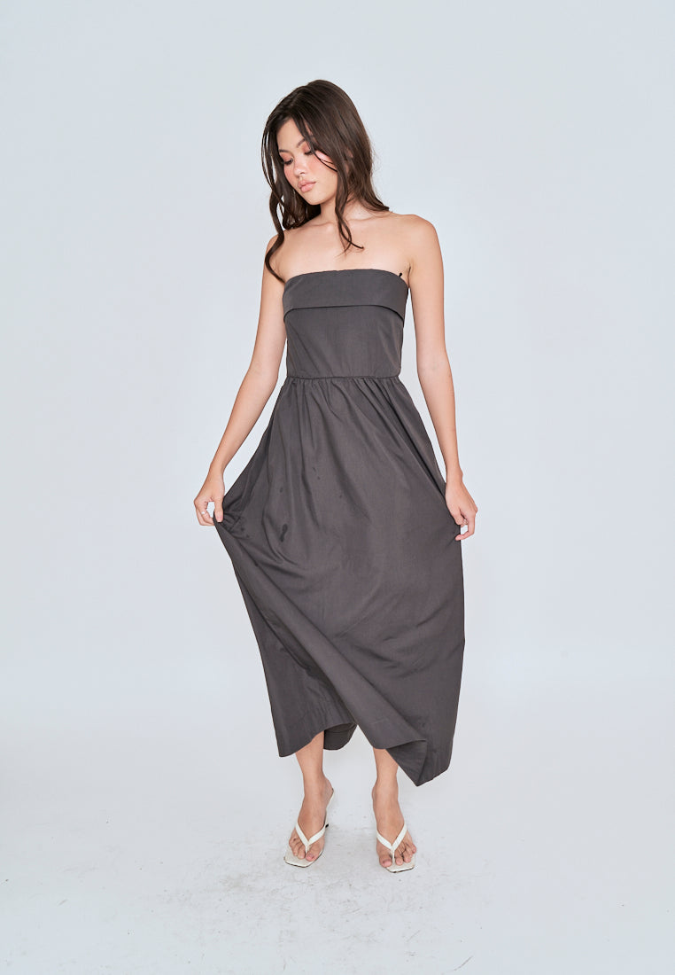 Liesl Dark Grey Folded Neckline Pleated Tube Midi Dress