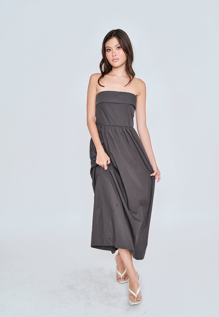 Liesl Dark Grey Folded Neckline Pleated Tube Midi Dress