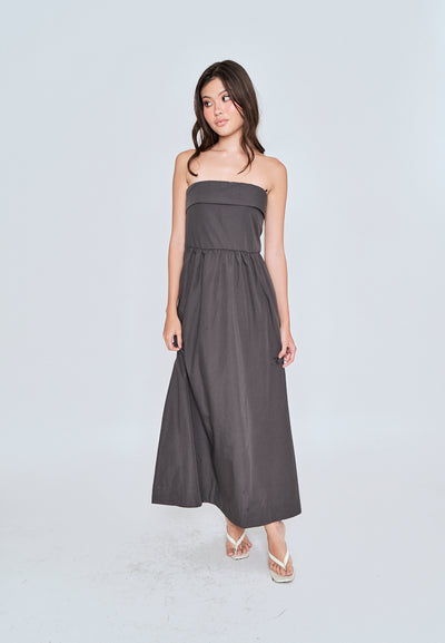 Liesl Dark Grey Folded Neckline Pleated Tube Midi Dress