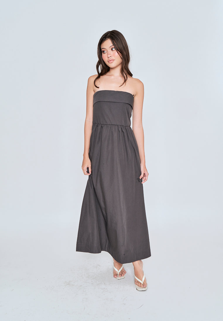 Liesl Dark Grey Folded Neckline Pleated Tube Midi Dress