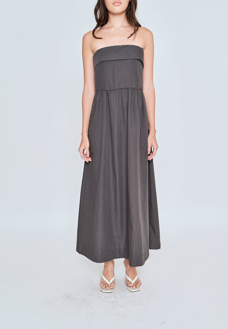 Liesl Dark Grey Folded Neckline Pleated Tube Midi Dress