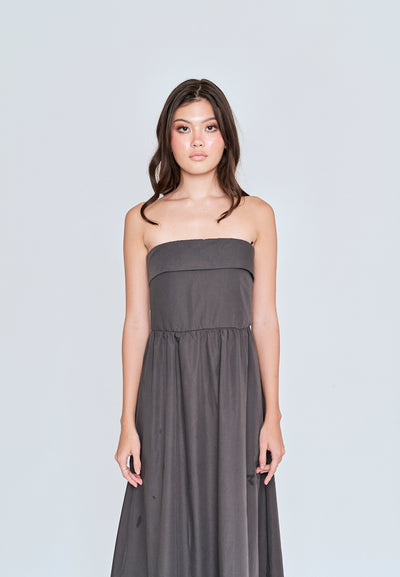 Liesl Dark Grey Folded Neckline Pleated Tube Midi Dress