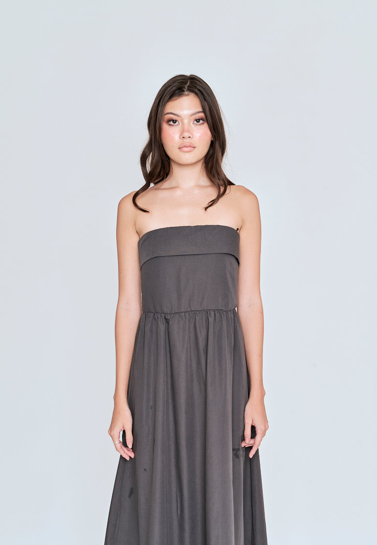 Liesl Dark Grey Folded Neckline Pleated Tube Midi Dress