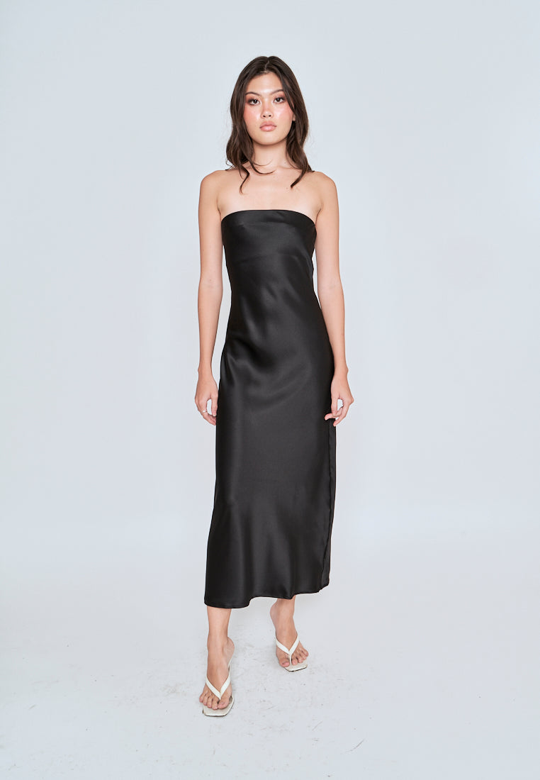 Miyouri Black Side Zipper A-line Tube Midi Dress