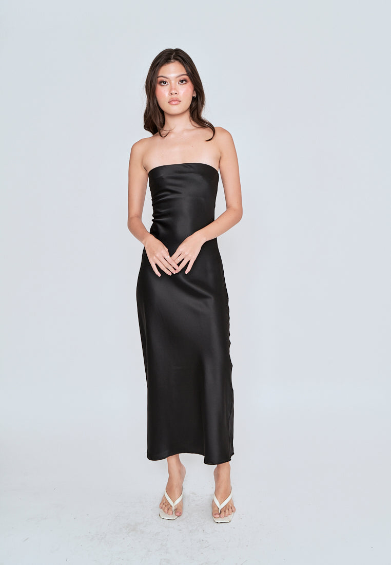 Miyouri Black Side Zipper A-line Tube Midi Dress