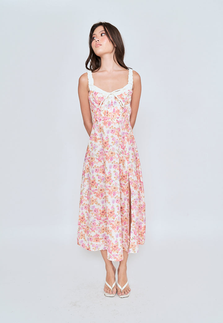Yeriel Multicolor Floral Print Bow Bust Sleeveless Midi Dress With Slit