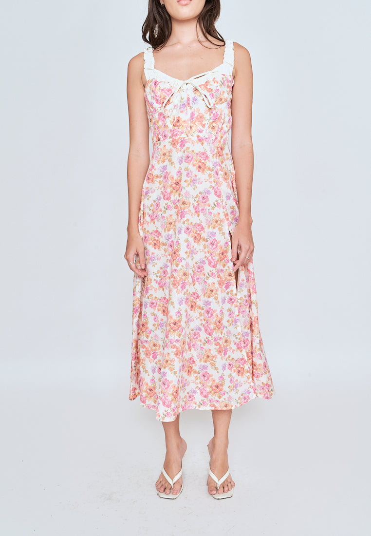 Yeriel Multicolor Floral Print Bow Bust Sleeveless Midi Dress With Slit