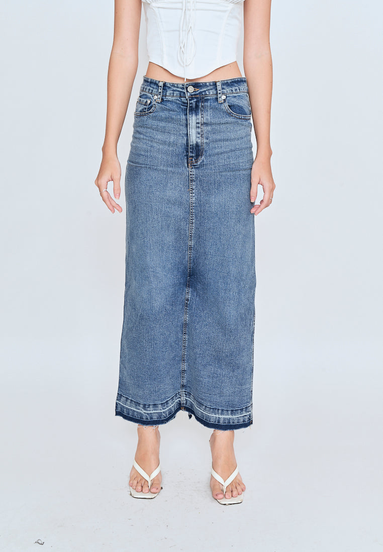 Gean Blue Zipper Fly Lined Back Slit Midi Skirt with Side Pockets