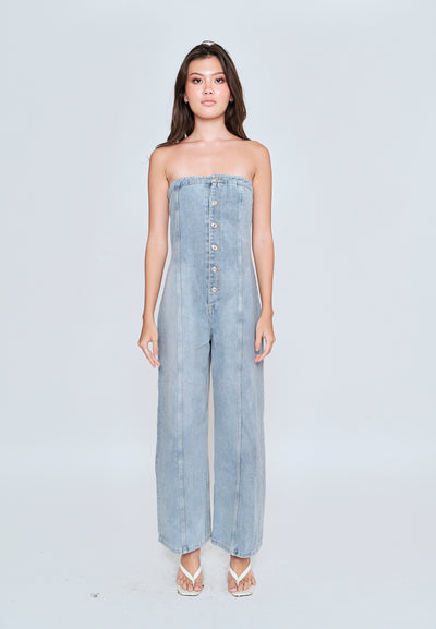 Gypsy Light Blue Denim Buttons Up Straight Cut Tube Jumpsuit