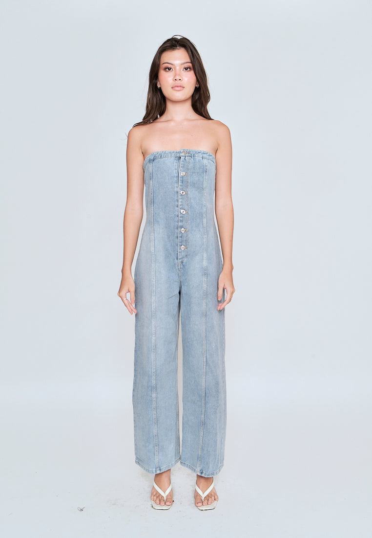 Gypsy Light Blue Denim Buttons Up Straight Cut Tube Jumpsuit