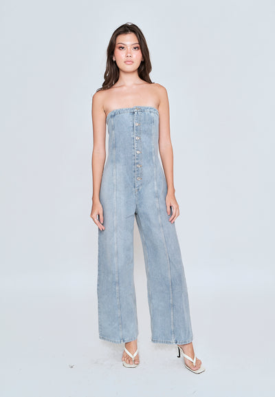 Gypsy Light Blue Denim Buttons Up Straight Cut Tube Jumpsuit