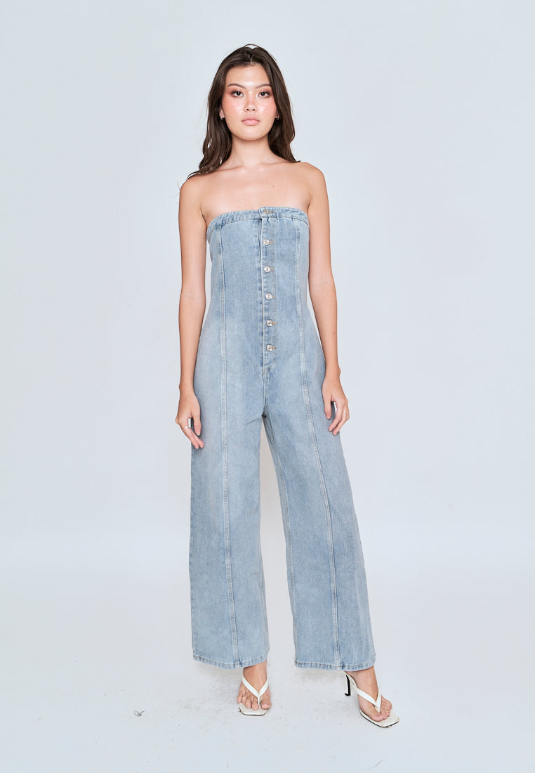 Gypsy Light Blue Denim Buttons Up Straight Cut Tube Jumpsuit