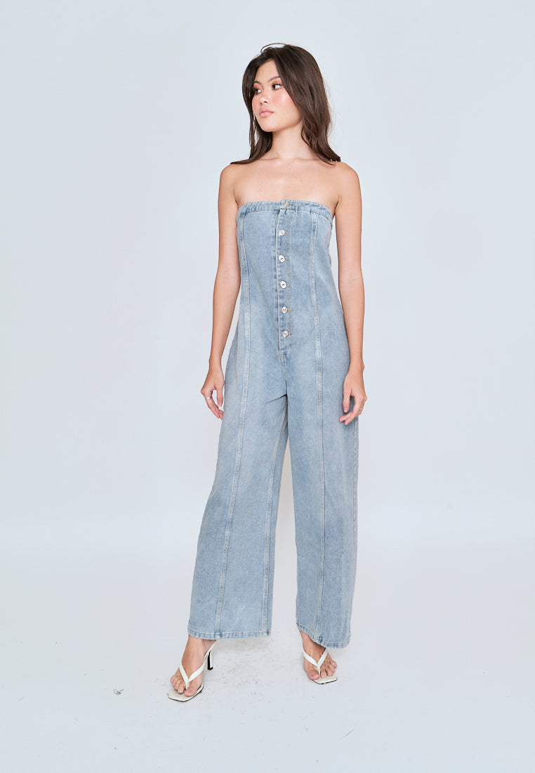 Gypsy Light Blue Denim Buttons Up Straight Cut Tube Jumpsuit