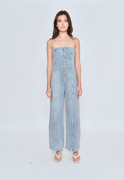 Gypsy Light Blue Denim Buttons Up Straight Cut Tube Jumpsuit