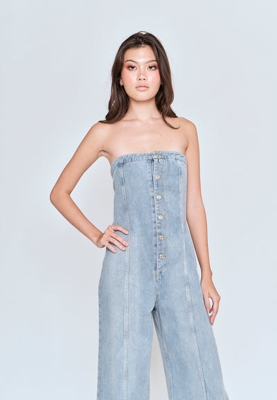 Gypsy Light Blue Denim Buttons Up Straight Cut Tube Jumpsuit