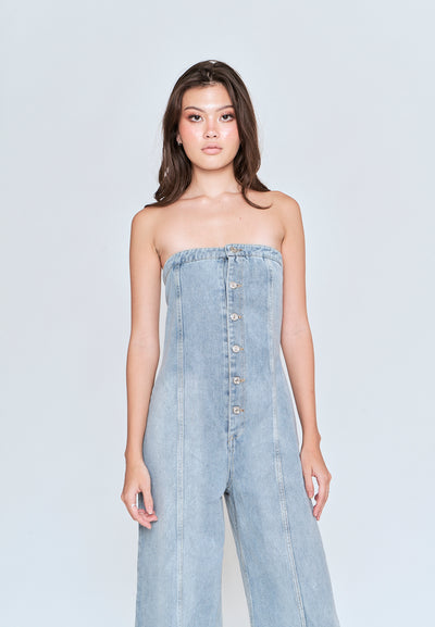 Gypsy Light Blue Denim Buttons Up Straight Cut Tube Jumpsuit