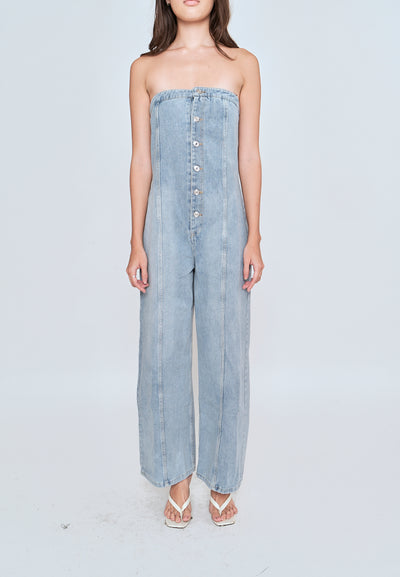 Gypsy Light Blue Denim Buttons Up Straight Cut Tube Jumpsuit