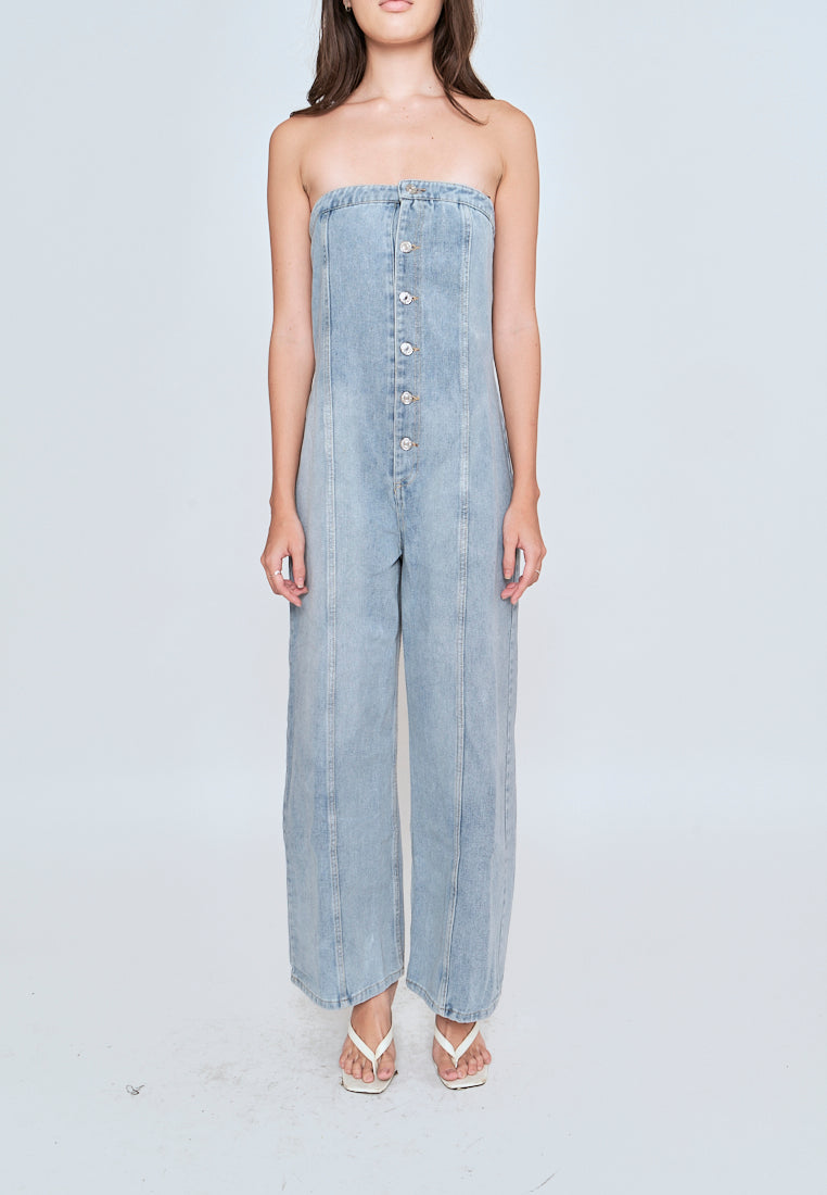 Gypsy Light Blue Denim Buttons Up Straight Cut Tube Jumpsuit