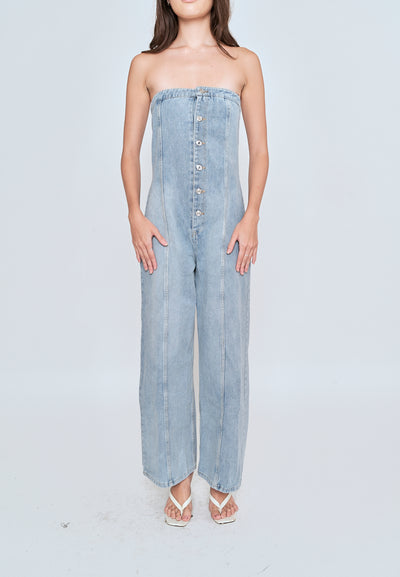 Gypsy Light Blue Denim Buttons Up Straight Cut Tube Jumpsuit