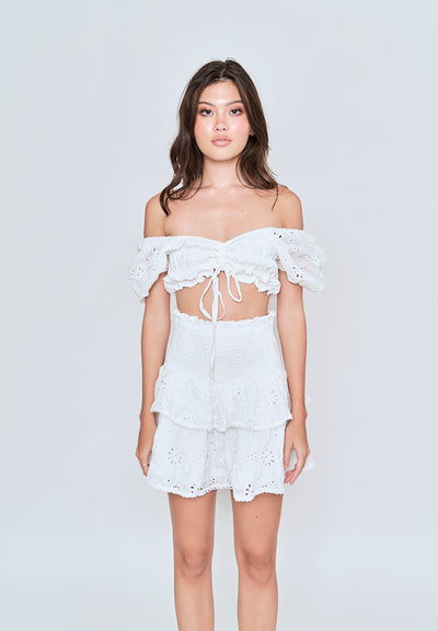 Olivett White Eyelet Square Neckline Puff Sleeves and Smocked Layered Mini Skirt Set