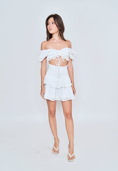 Olivett White Eyelet Square Neckline Puff Sleeves and Smocked Layered Mini Skirt Set