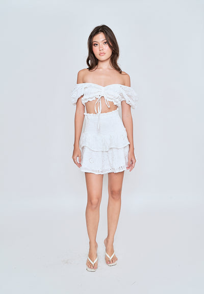 Olivett White Eyelet Square Neckline Puff Sleeves and Smocked Layered Mini Skirt Set