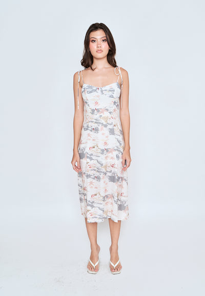 Phynley Multicolor Floral Print Shaped Bust Self Tie Sleeveless Midi Dress With Slit