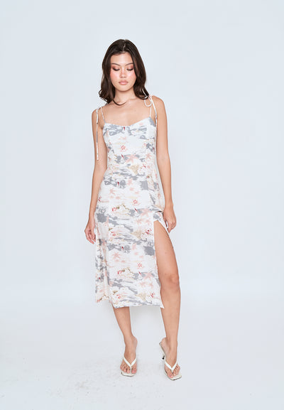 Phynley Multicolor Floral Print Shaped Bust Self Tie Sleeveless Midi Dress With Slit