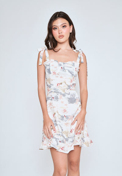 Dalya Muticolor Floral Print Sleeveless Self Tie Strap Ruffled Hem Mini Dress