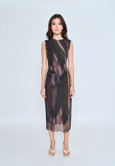 Harris Brown Red Abstract Print Crew Neck Sleeveless Ruched Side Midi Dress