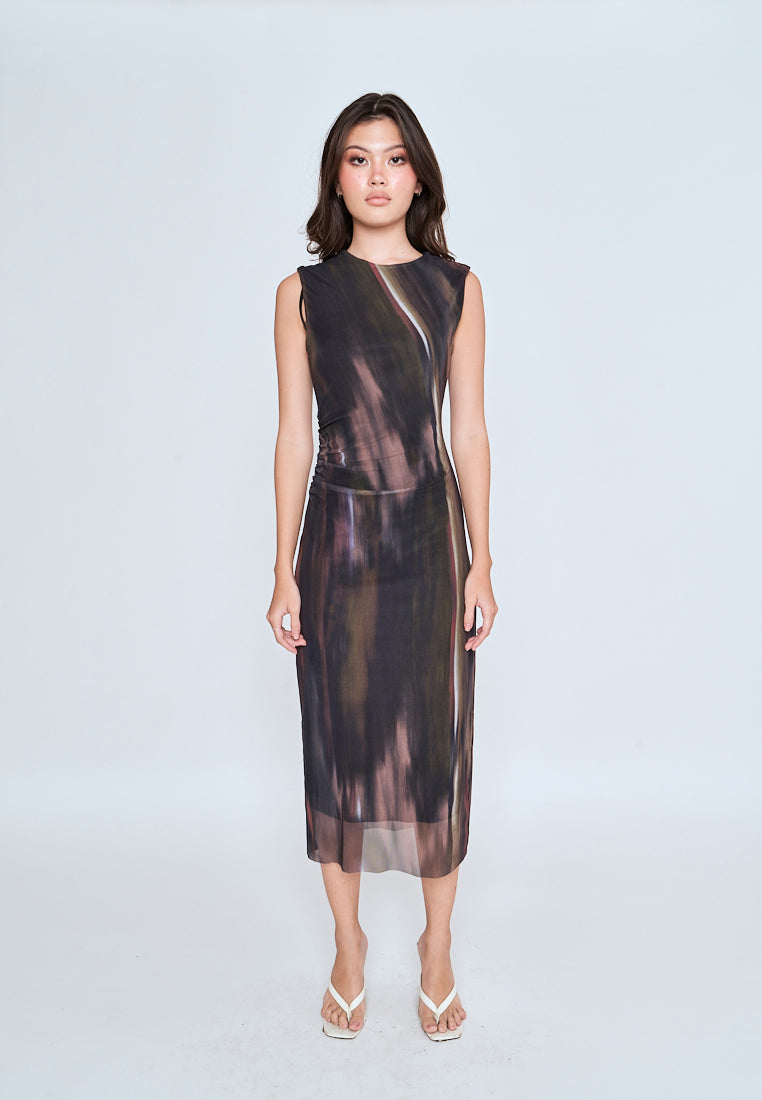 Harris Brown Red Abstract Print Crew Neck Sleeveless Ruched Side Midi Dress