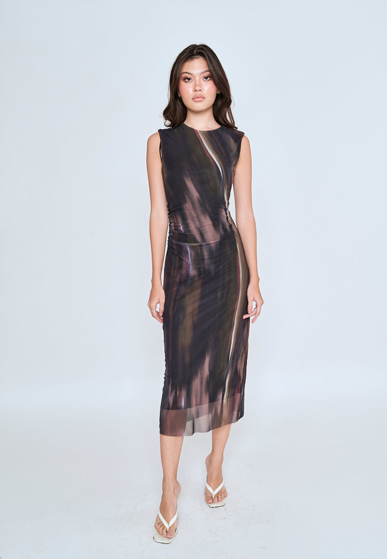 Harris Brown Red Abstract Print Crew Neck Sleeveless Ruched Side Midi Dress