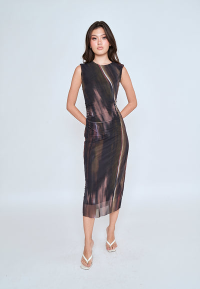 Harris Brown Red Abstract Print Crew Neck Sleeveless Ruched Side Midi Dress