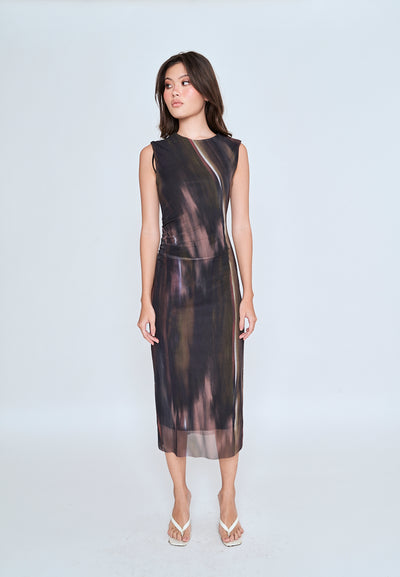 Harris Brown Red Abstract Print Crew Neck Sleeveless Ruched Side Midi Dress