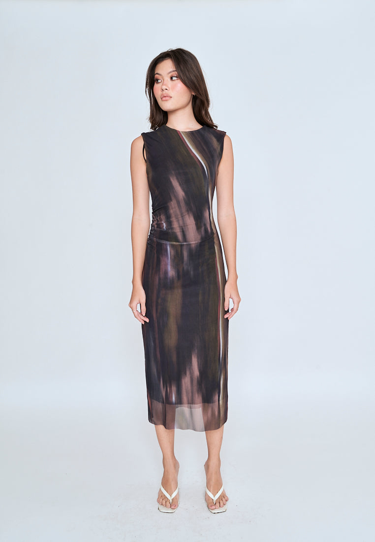 Harris Brown Red Abstract Print Crew Neck Sleeveless Ruched Side Midi Dress