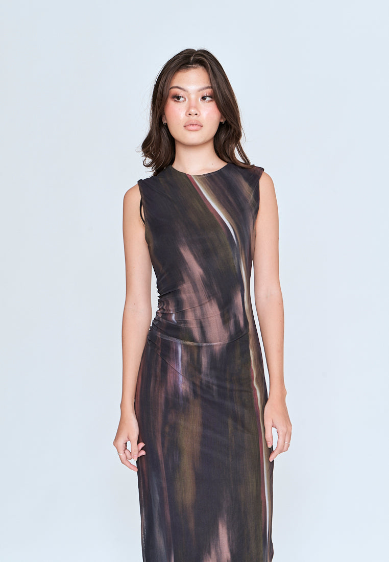 Harris Brown Red Abstract Print Crew Neck Sleeveless Ruched Side Midi Dress