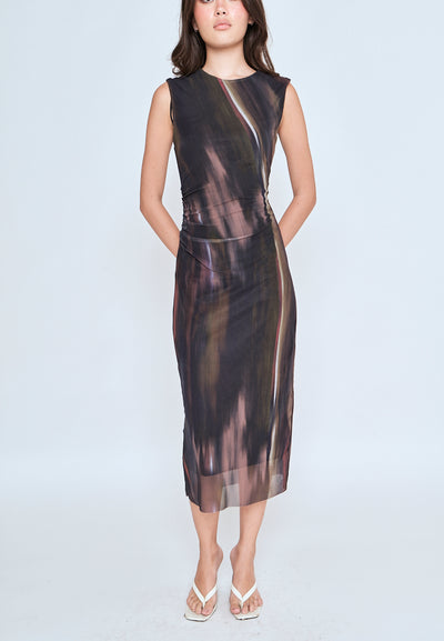 Harris Brown Red Abstract Print Crew Neck Sleeveless Ruched Side Midi Dress