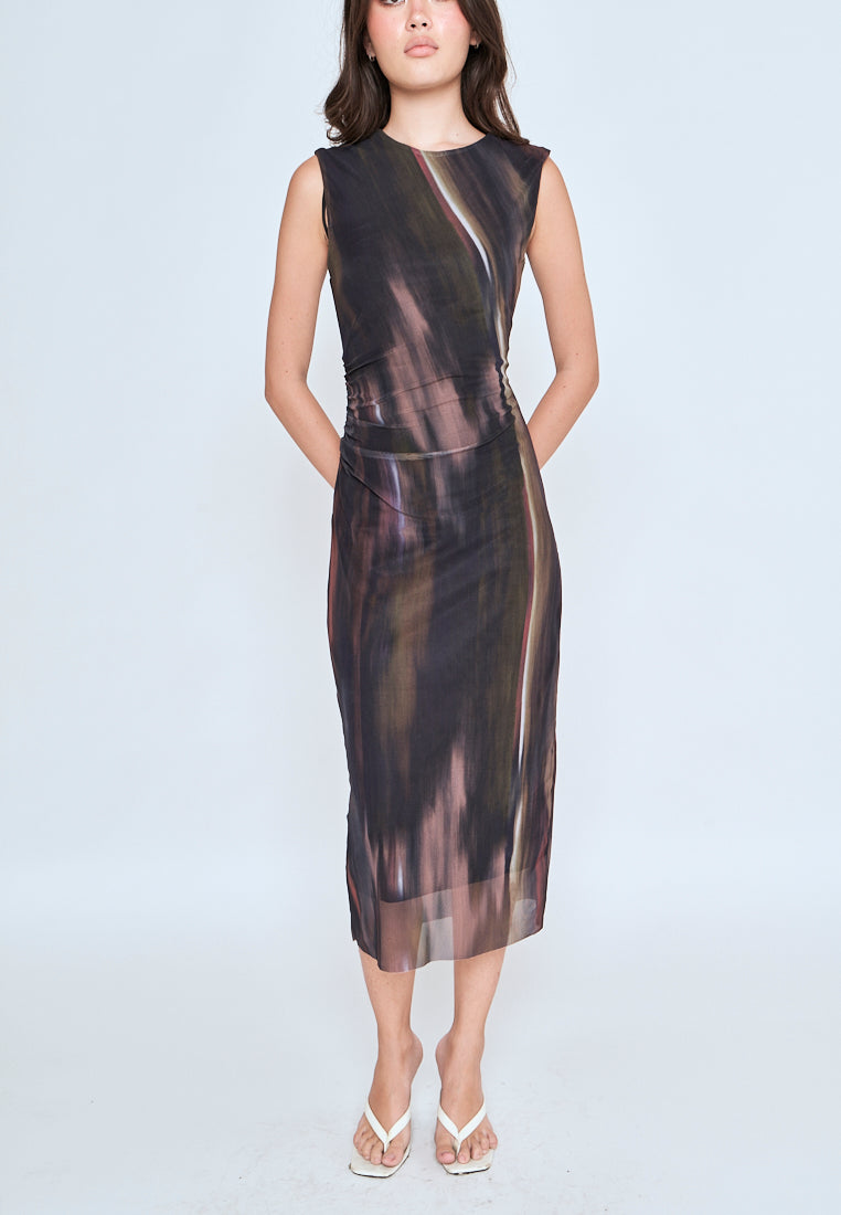 Harris Brown Red Abstract Print Crew Neck Sleeveless Ruched Side Midi Dress