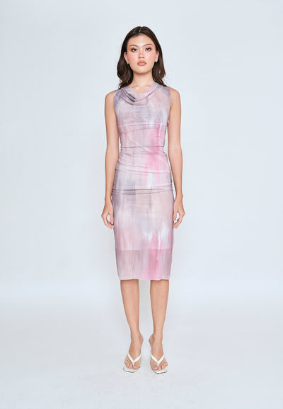Allona Pastel Abstract Print Crew Neckline Mesh Sleeveless Midi Dress