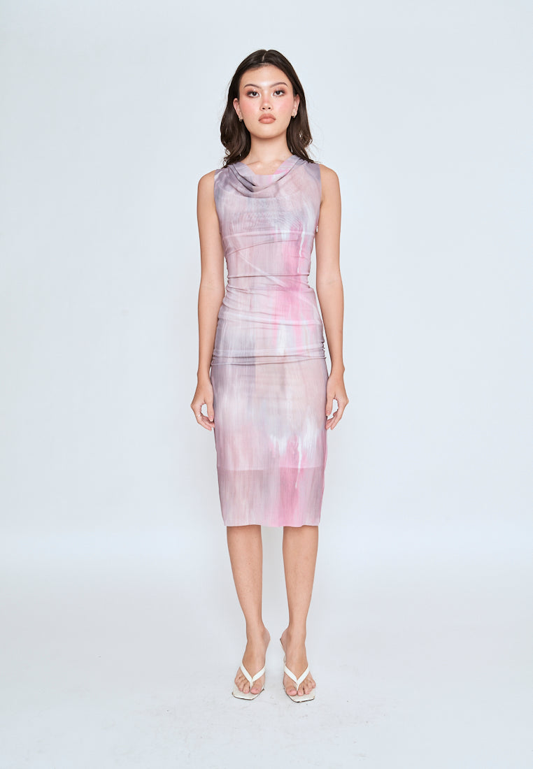 Allona Pastel Abstract Print Crew Neckline Mesh Sleeveless Midi Dress