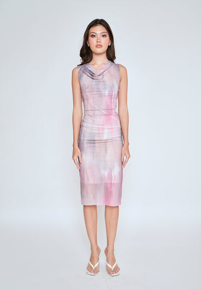 Allona Pastel Abstract Print Crew Neckline Mesh Sleeveless Midi Dress