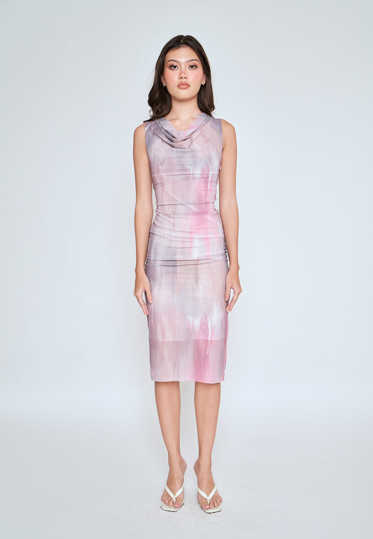 Allona Pastel Abstract Print Crew Neckline Mesh Sleeveless Midi Dress