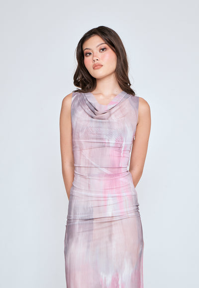 Allona Pastel Abstract Print Crew Neckline Mesh Sleeveless Midi Dress